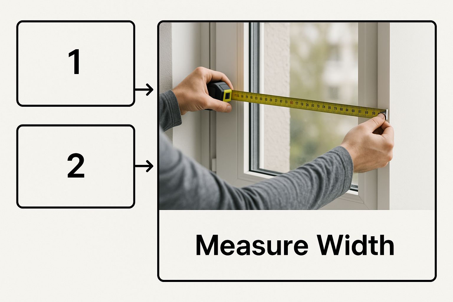 A close-up of a metal tape measure positioned to measure the width of a window for an inside mount.