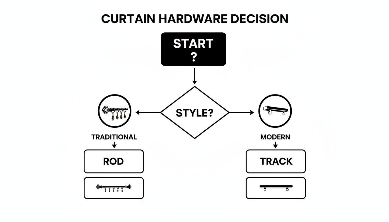 Flowchart guiding curtain hardware decision based on style: traditional leads to rod, modern to track.
