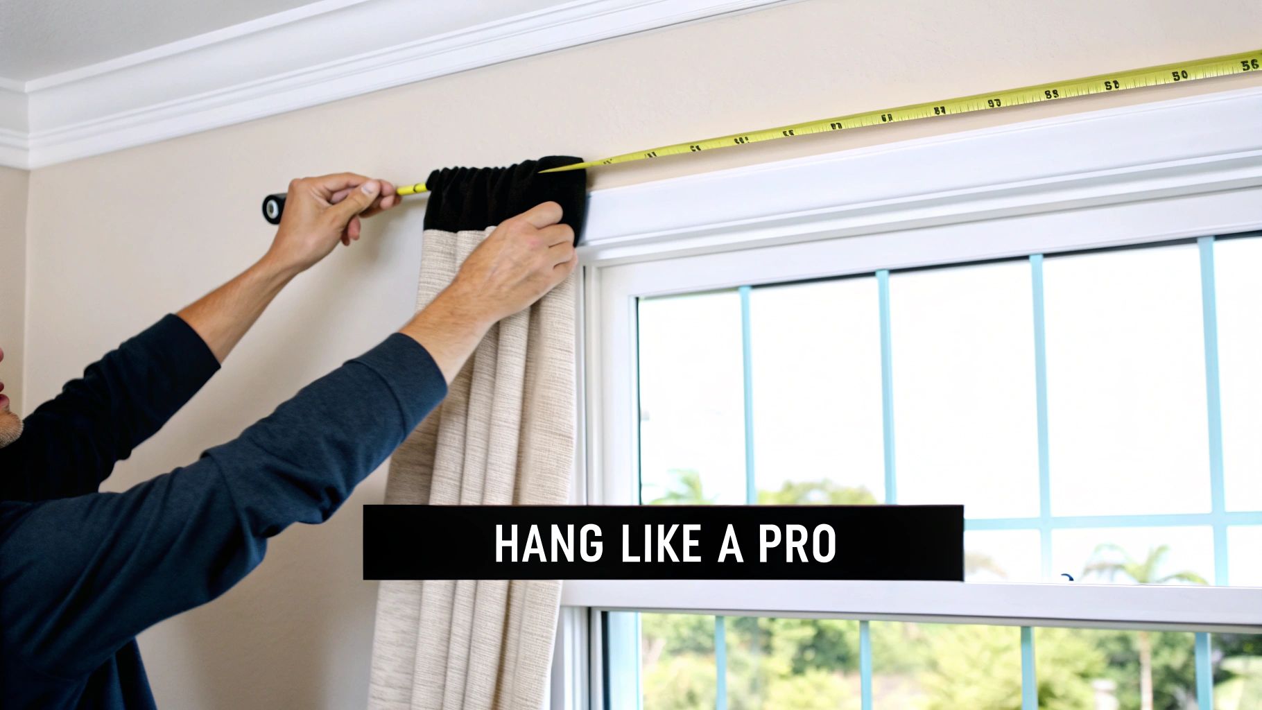 A person carefully measuring a window frame before installing curtain hardware.
