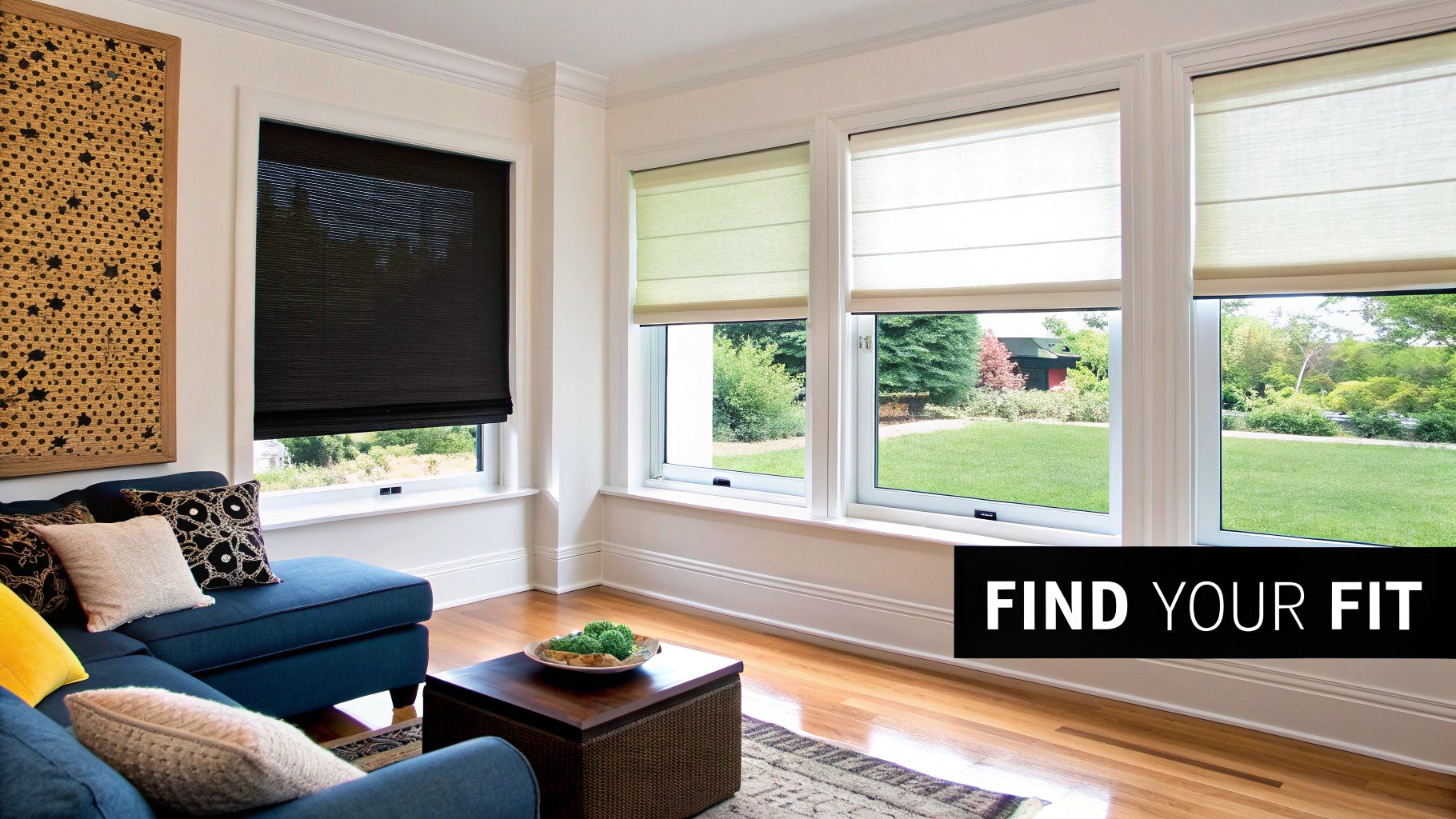 A cozy living room with a blue sectional sofa and windows featuring various Roman shades.