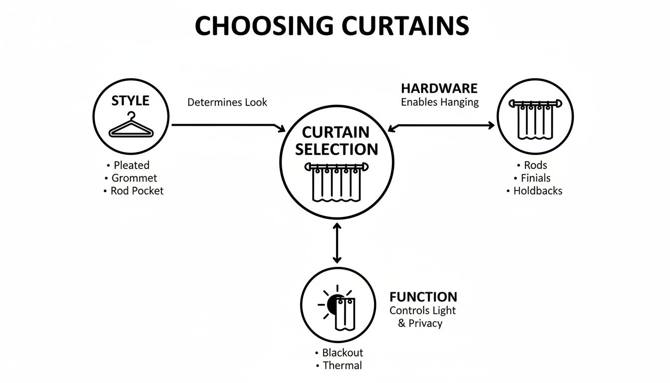 A diagram illustrating how to choose curtains based on style, hardware, and function.