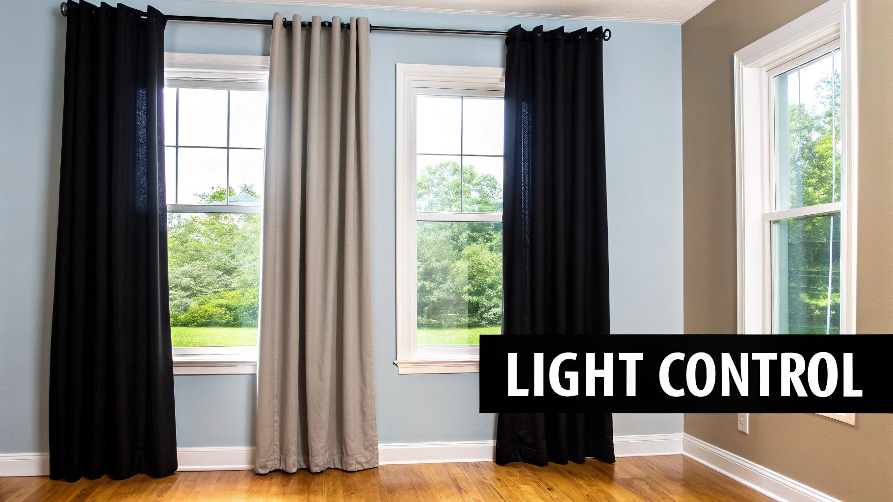 Bright living room with light-filtering white curtains hanging on a black curtain rod, creating a soft and airy atmosphere.