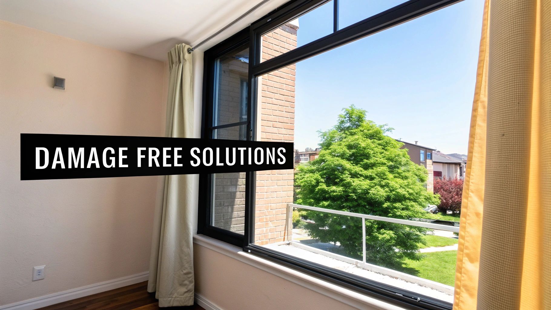Indoor view through a large window showing a green tree, buildings, and blue sky. Text overlay: DAMAGE FREE SOLUTIONS.