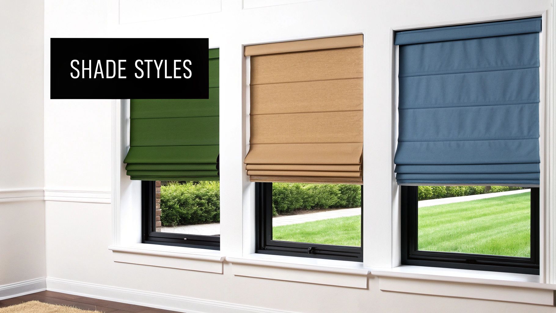 Three windows showcasing various Roman shade styles in green, brown, and blue colors.