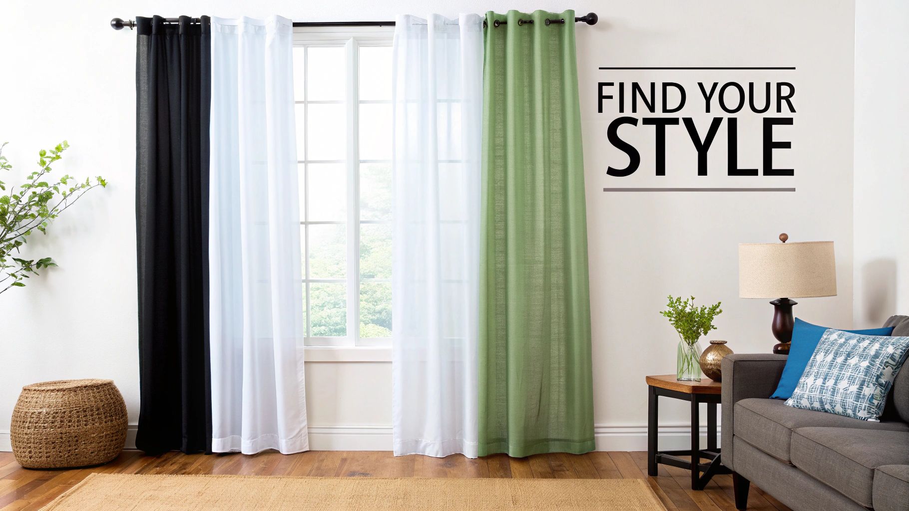 A modern living room showcasing black, white, and green curtains, a sofa, lamp, and 'Find Your Style' text.