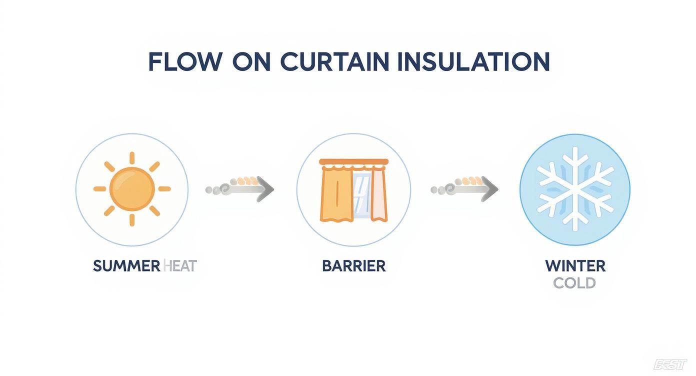 Infographic showing how curtain ideas for sunrooms can provide insulation in both summer and winter.
