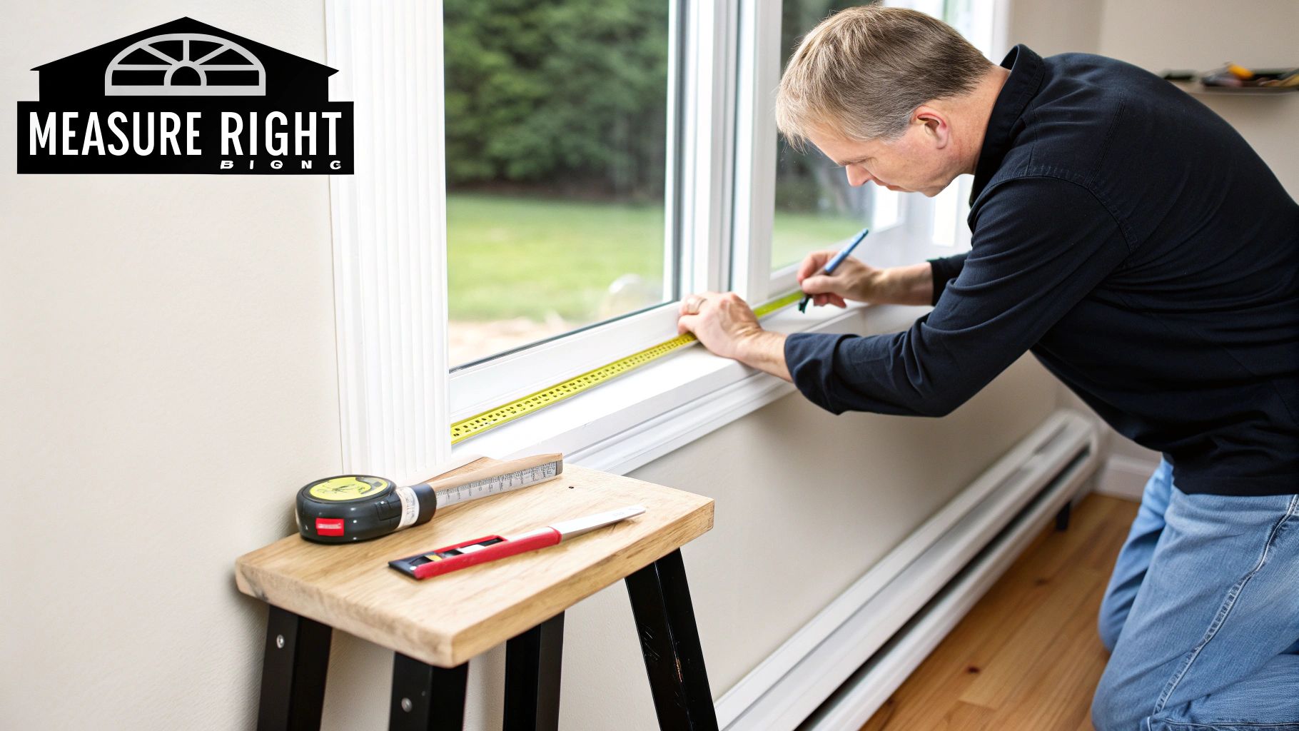A man carefully measures a white window with a yellow tape measure and a pen for new window treatments.