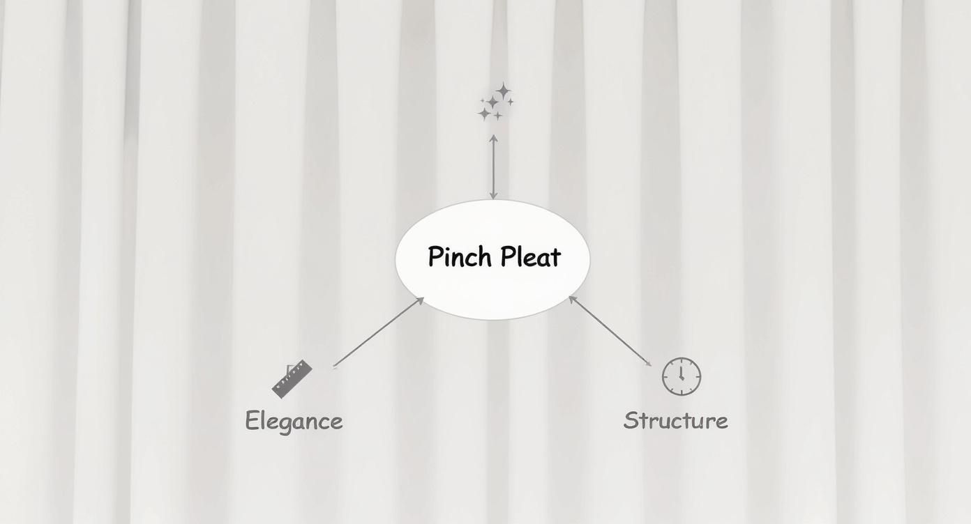 A mind map illustrating 'Pinch Pleat' concepts, including 'Elegance' and 'Structure,' on a pleated background.