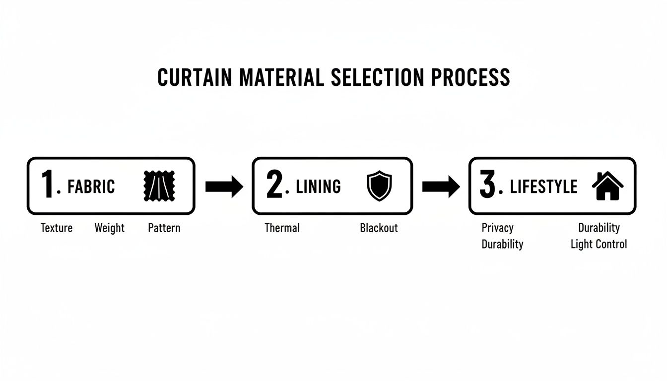 Flow chart illustrating the curtain material selection process with steps for fabric, lining, and lifestyle.