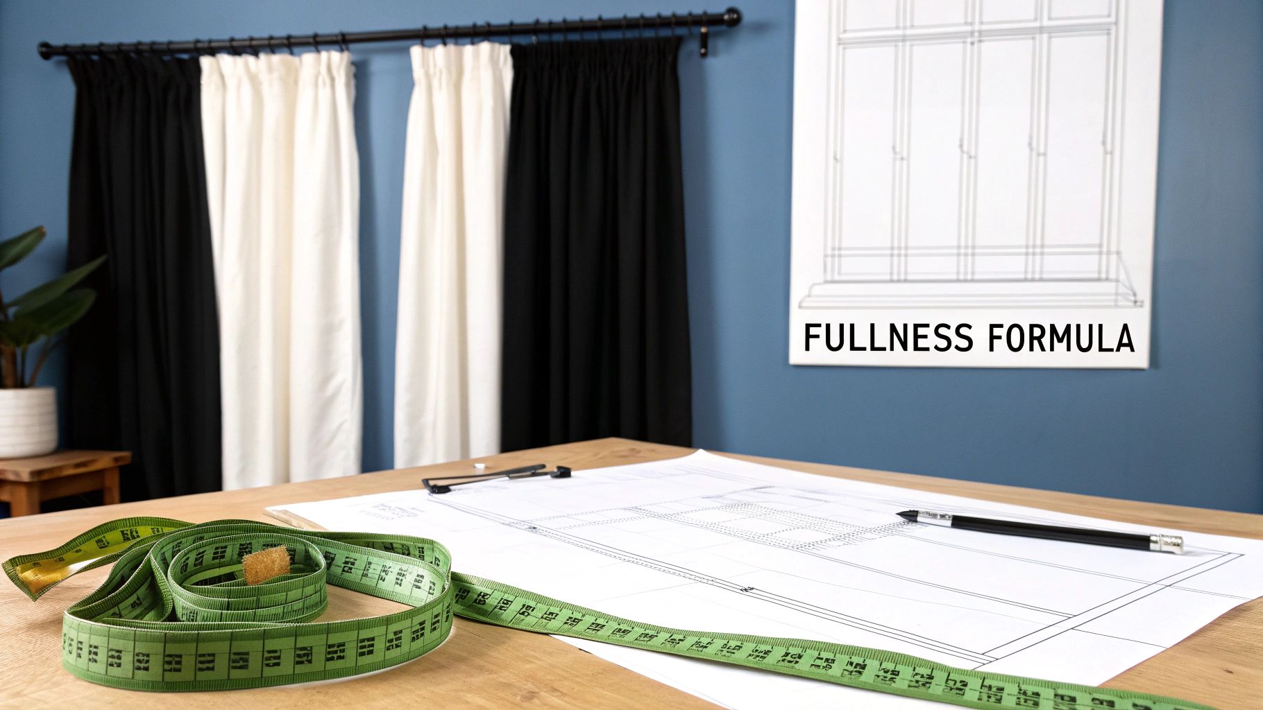 A desk with a tape measure, blueprint, and pen, with curtains and a 'fullness formula' on the wall.