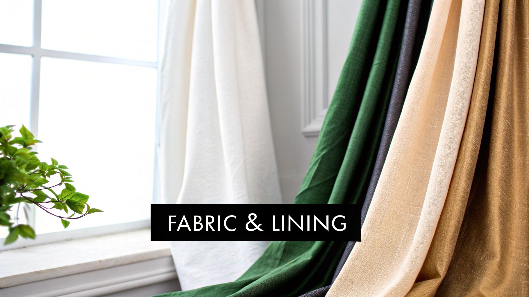 Close-up of multiple curtain fabric samples in various colors, including white, green, and beige, displayed near a window.