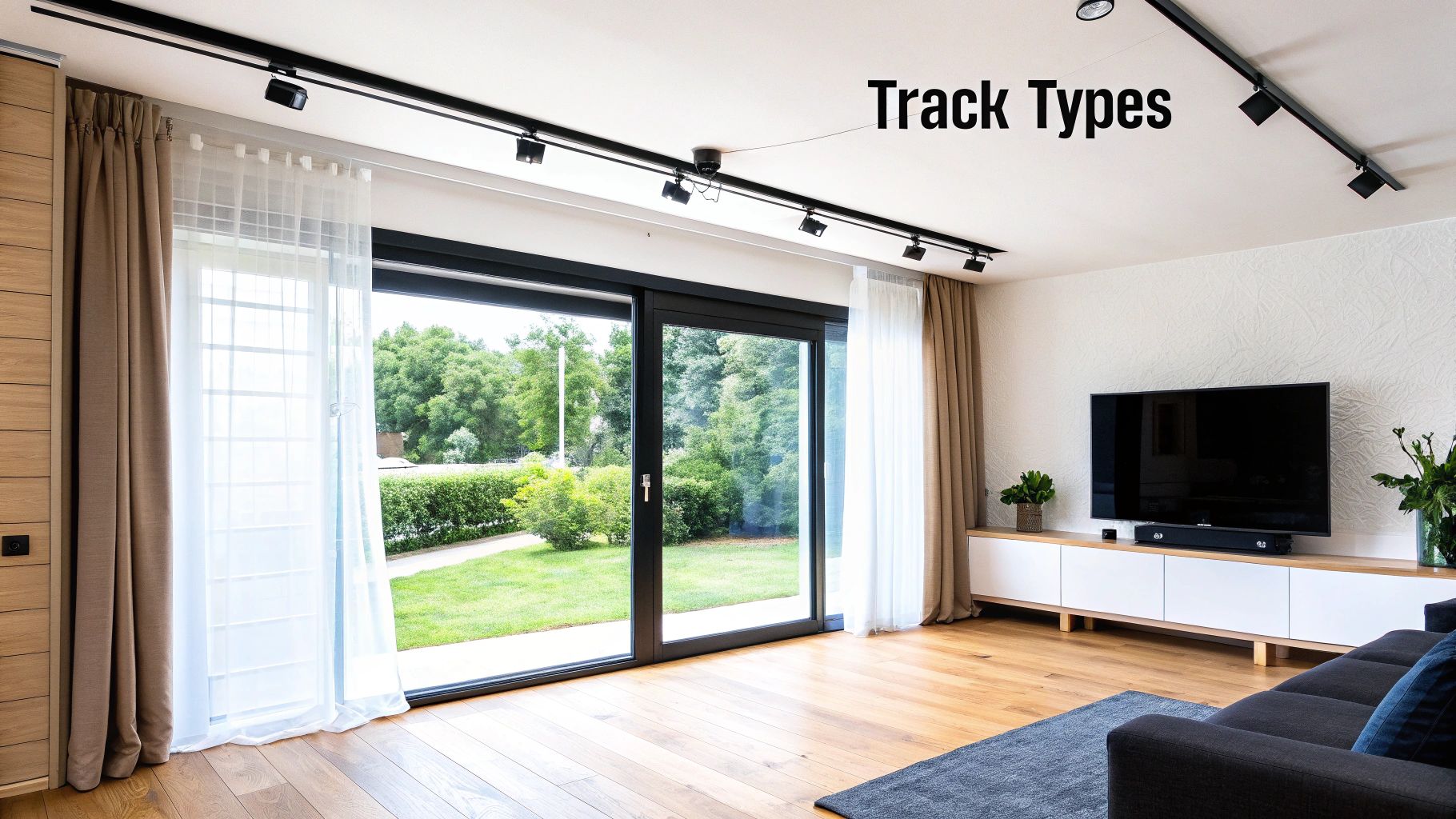 Contemporary living room with black track lighting, sliding glass doors to a garden, and cozy sofa.