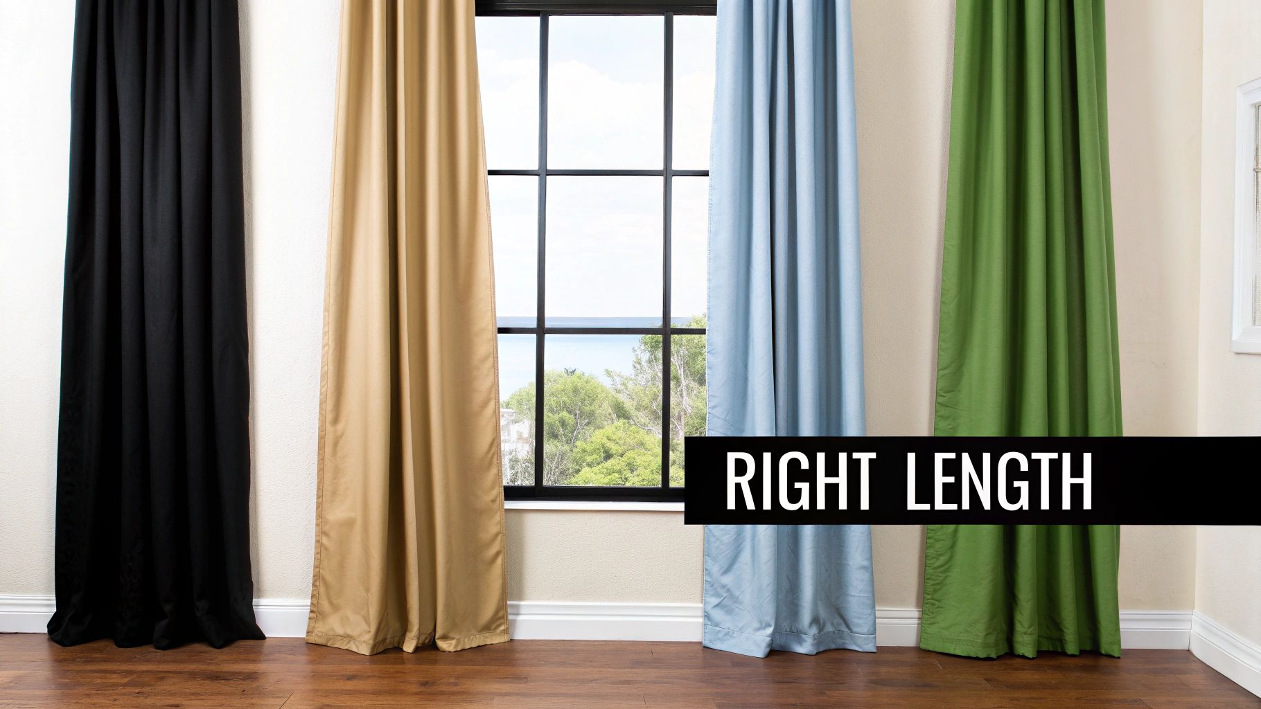 Four colorful curtain panels in black, tan, blue, and green, showing various lengths in a room with a window.