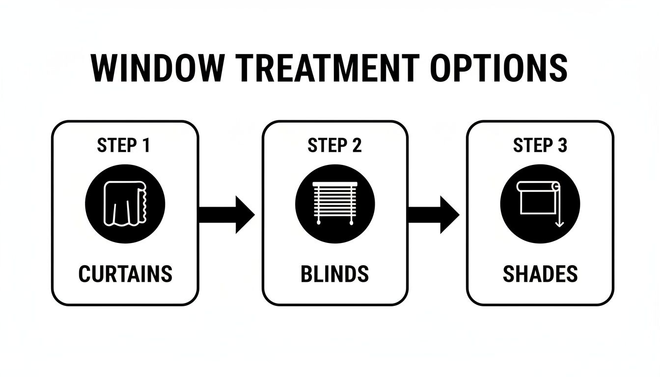 Flowchart outlining window treatment options: Step 1 Curtains, Step 2 Blinds, Step 3 Shades.
