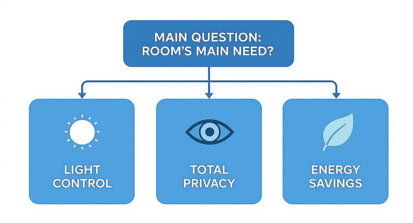 An infographic decision tree helping users choose between light filtering and blackout shades based on room function, such as light control, privacy, or energy savings.