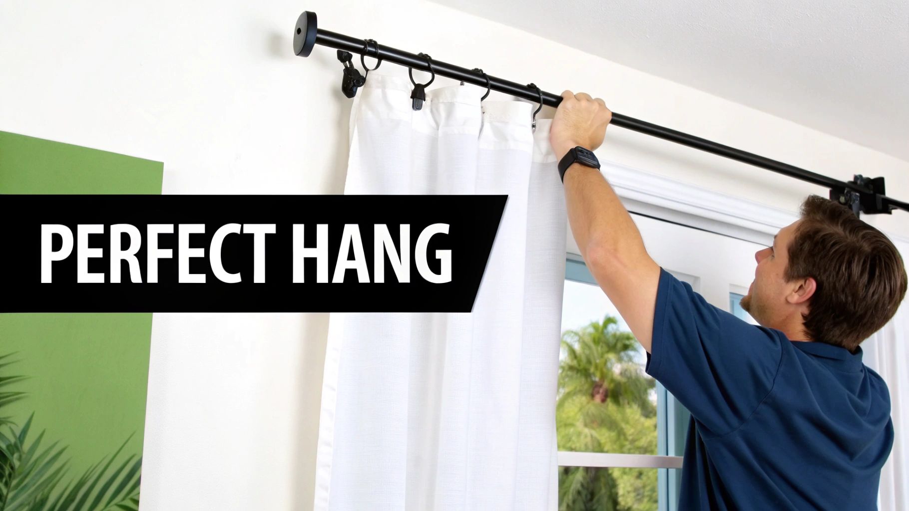 A person hanging curtains on a newly installed rod, showing the final aesthetic touches.