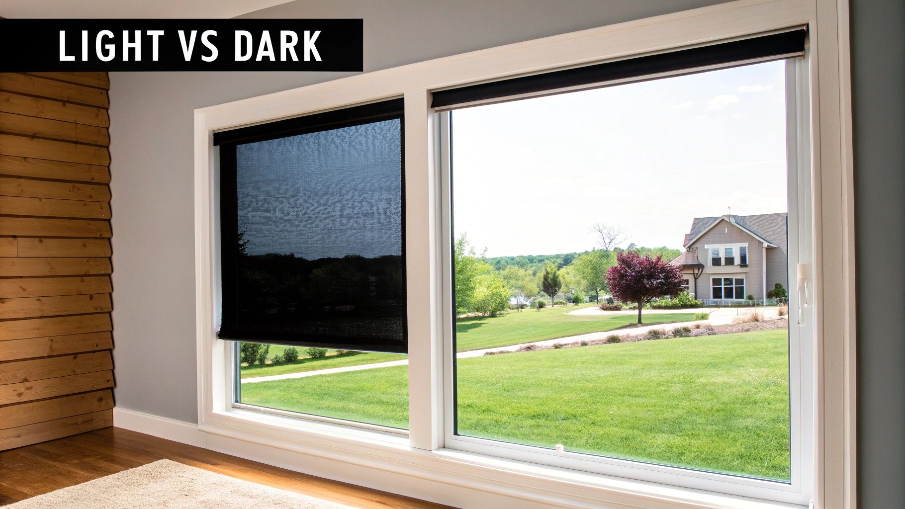 Windows demonstrating light vs dark: one with a dark shade, the other open to a sunny view. Alt text: Side-by-side comparison of a dark solar shade providing a clear view versus an uncovered window with intense glare.