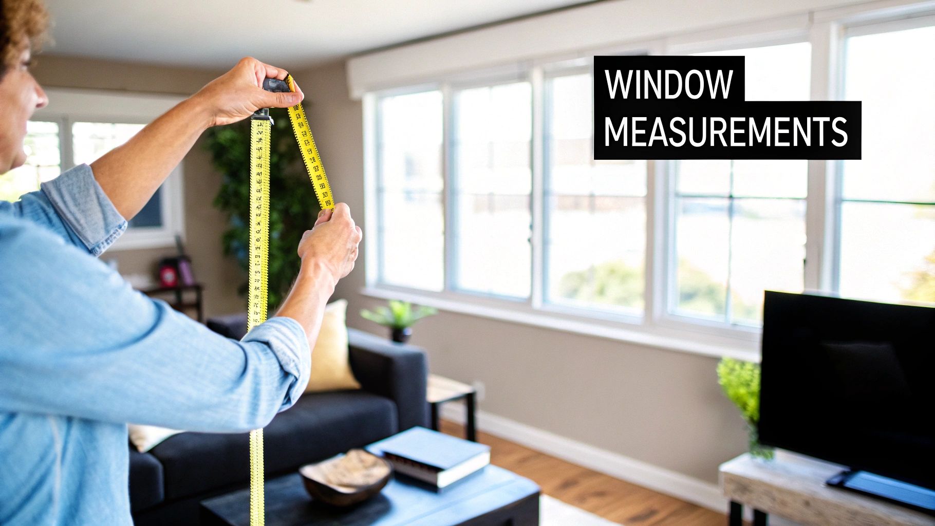 A person using a tape measure to measure the width of a window for curtains, demonstrating how to use a curtain width calculator.