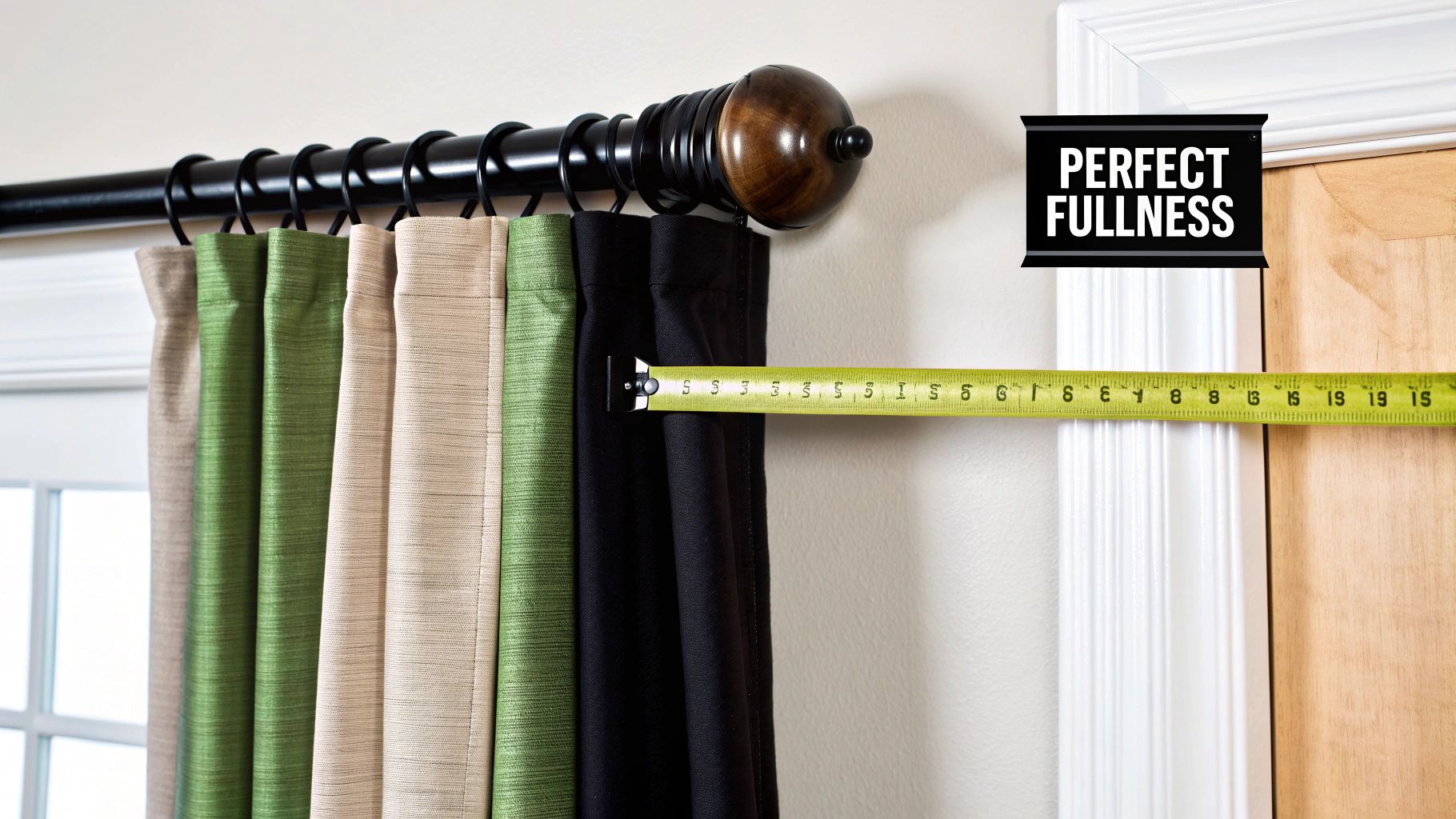 A tape measure showing the width of various beige, green, and black window curtains on a rod, emphasizing perfect fullness.