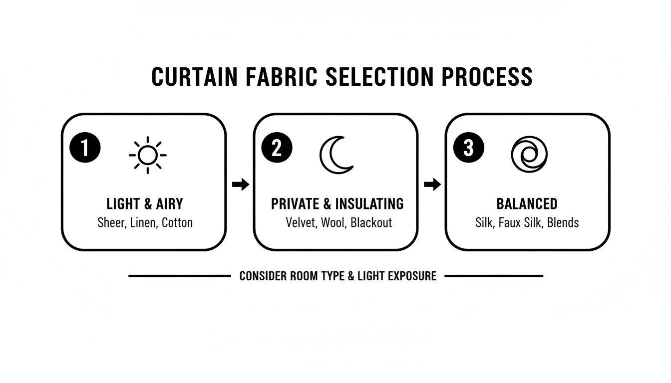 Infographic illustrates a 3-step curtain fabric selection process, considering light, privacy, insulation, and balance.