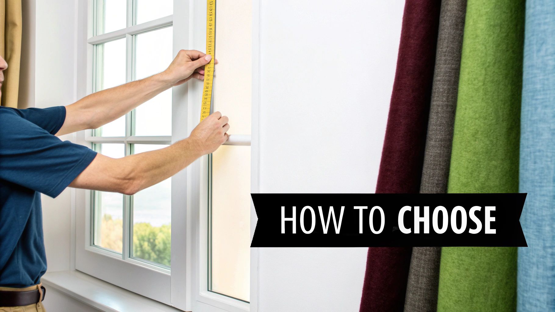 Hands measure a window frame with a tape measure, next to an array of colorful curtain fabrics.