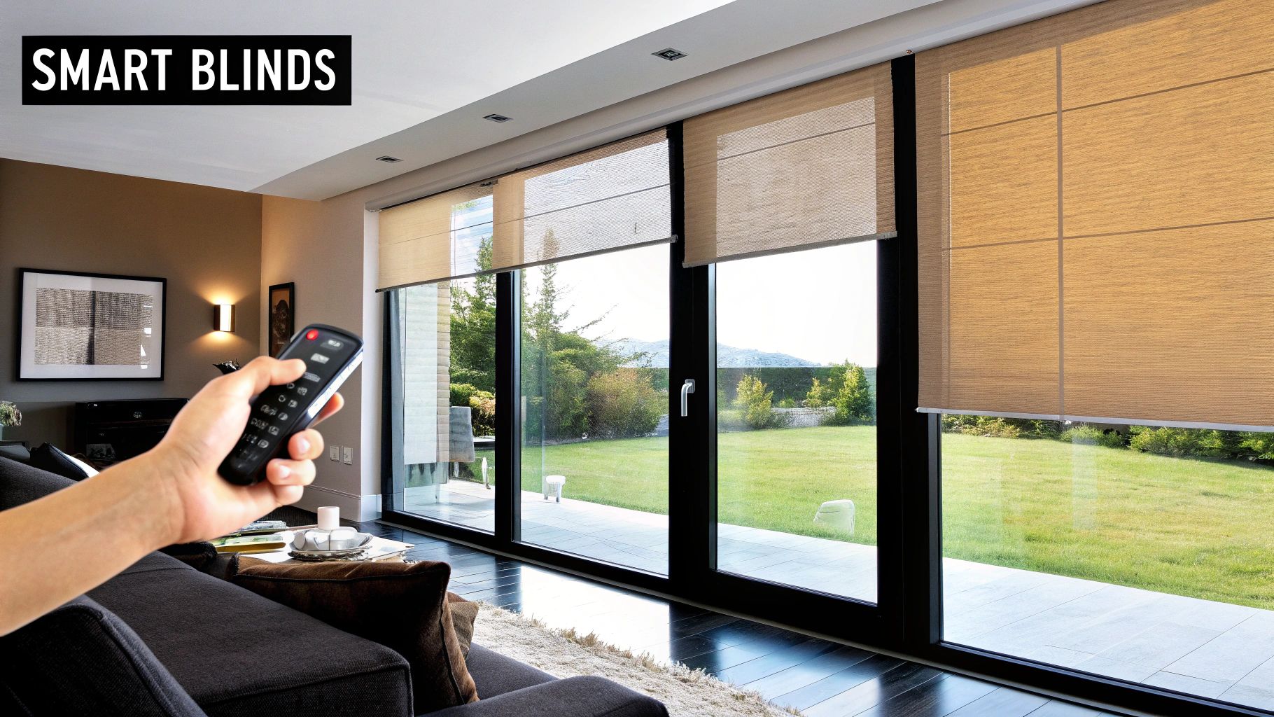 A person using a smartphone to adjust smart blinds on a large, modern window.