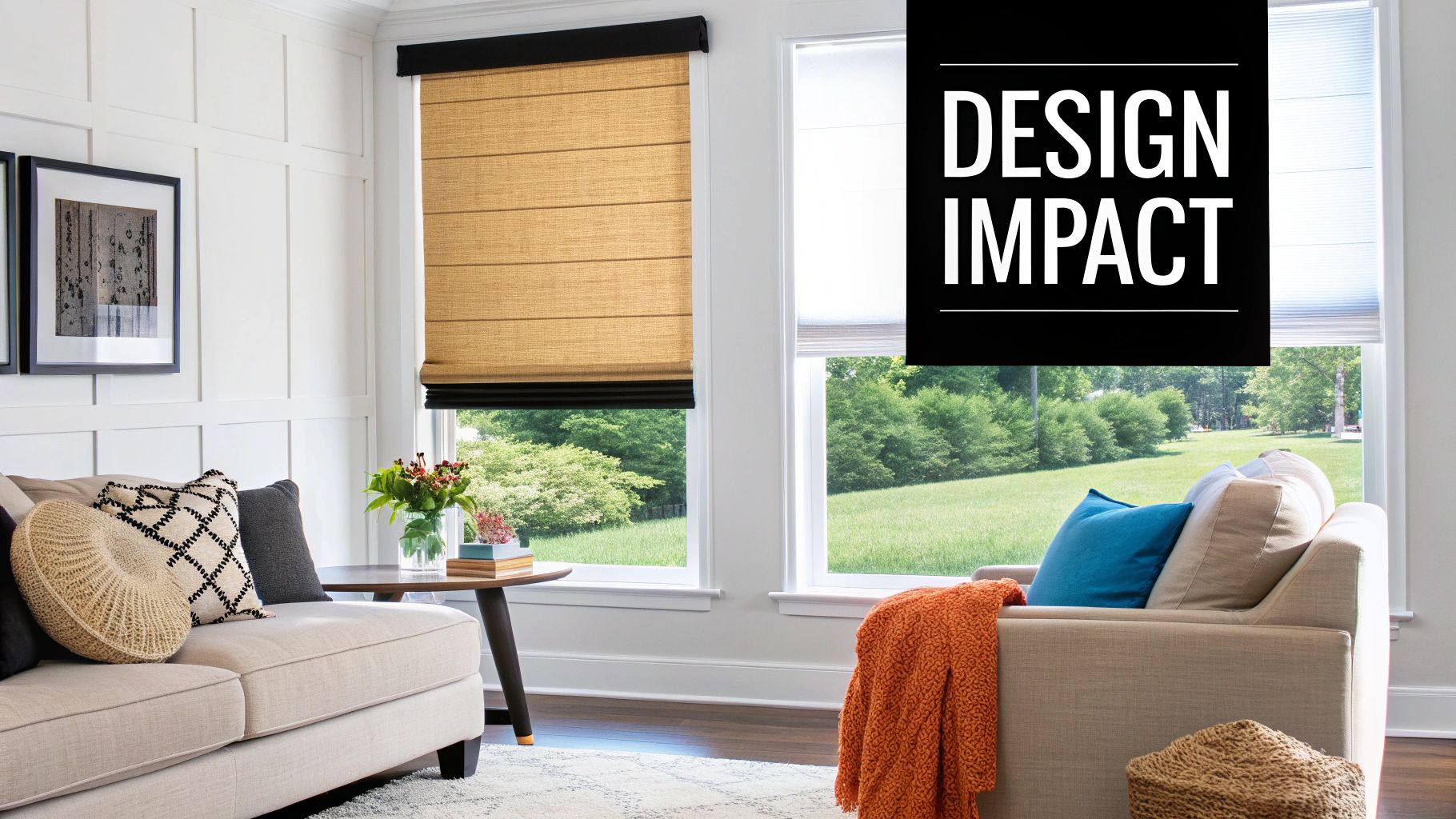 A cozy living room featuring a tan Roman shade, a white roller shade, and comfortable sofas with pillows.