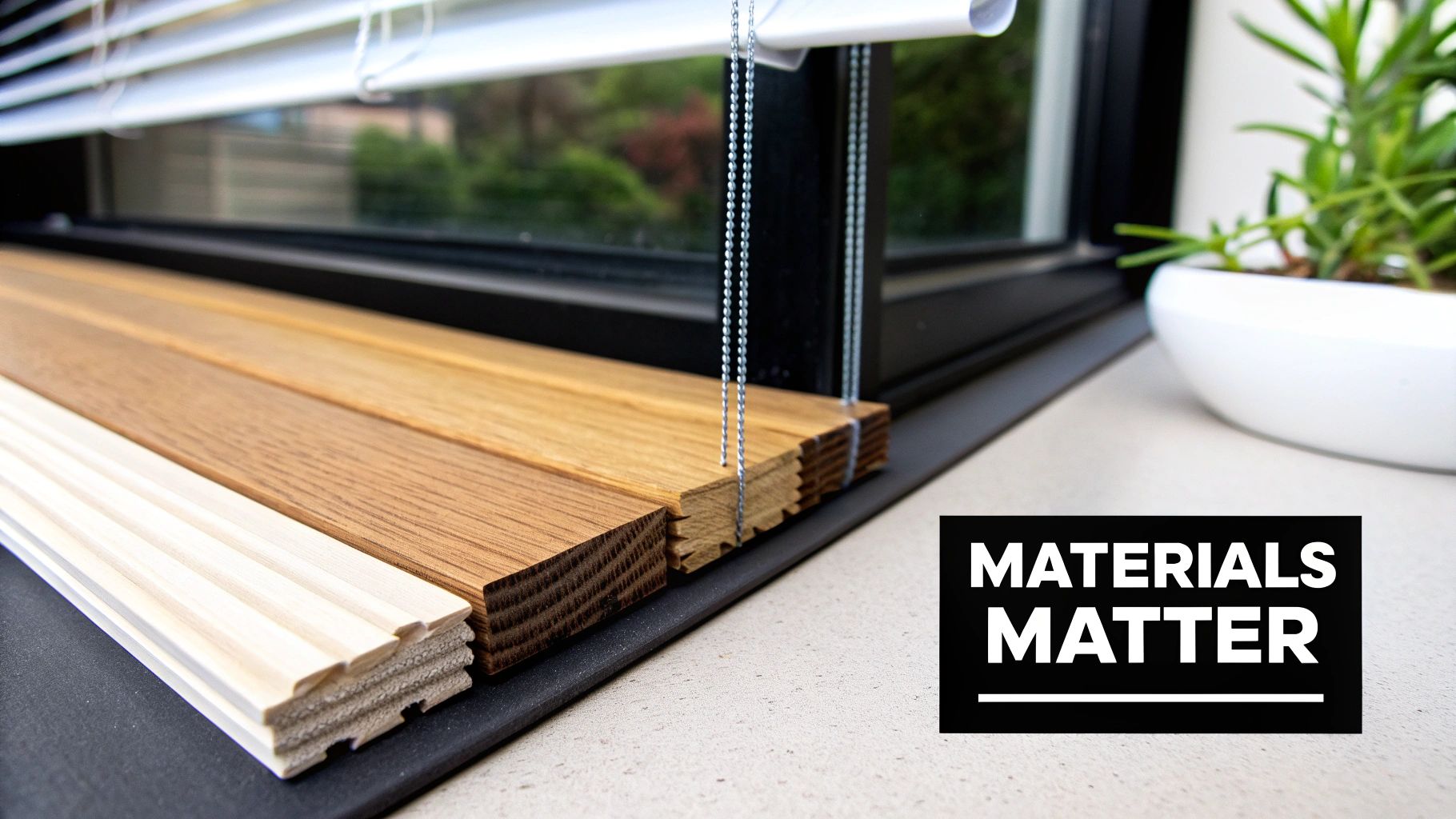 A close-up of faux wood blinds in a bathroom, showing their water-resistant surface with droplets of water beading up, unaffected by the steam.