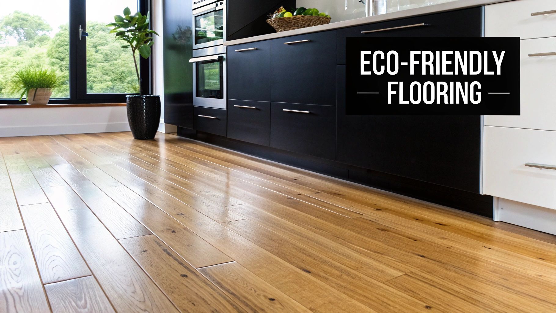 A cozy modern room featuring sustainable materials like a reclaimed wood table, bamboo flooring, and cork wall accents.