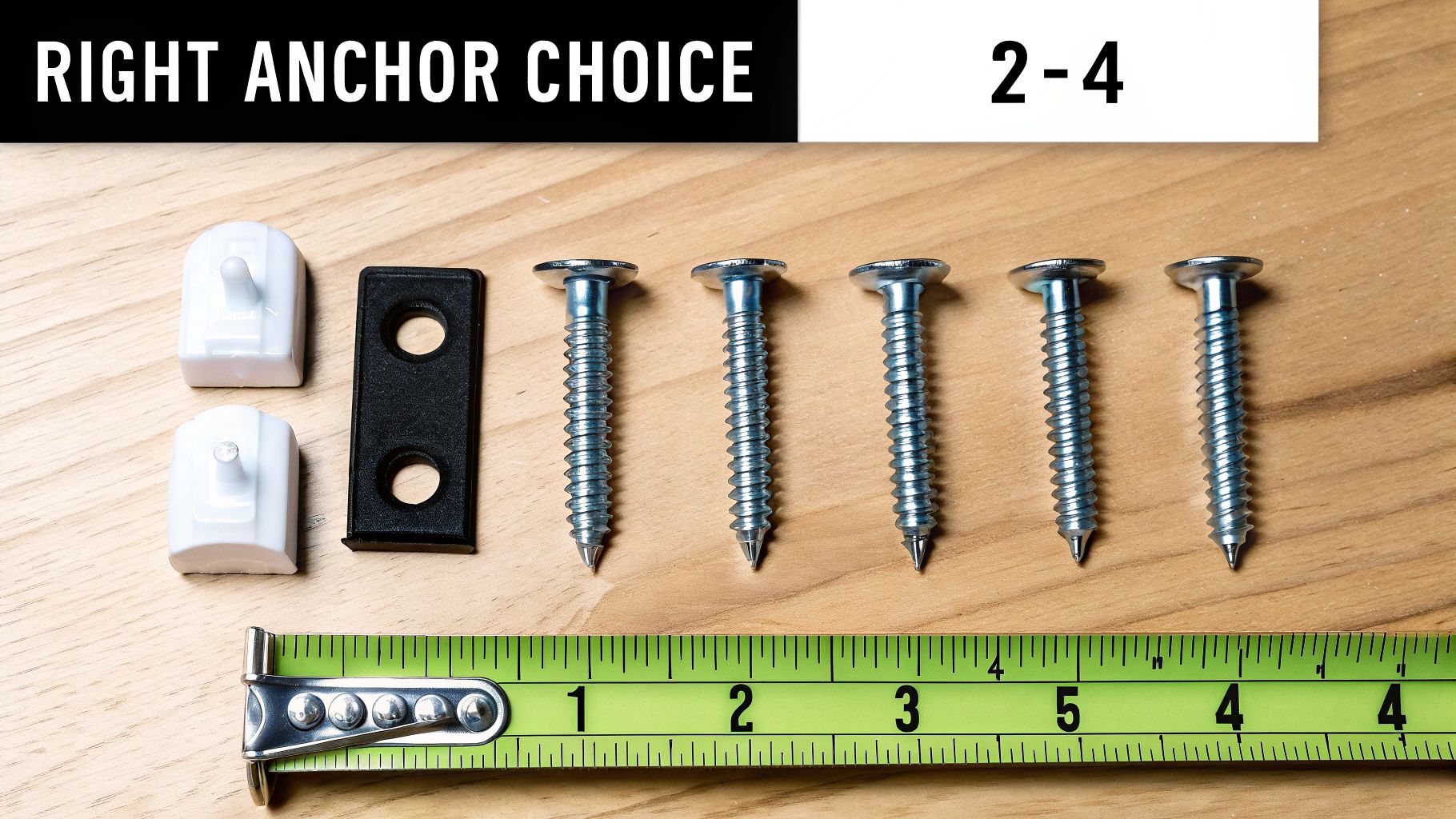 Hardware anchors and screws with measuring tape for hanging curtain rods in drywall