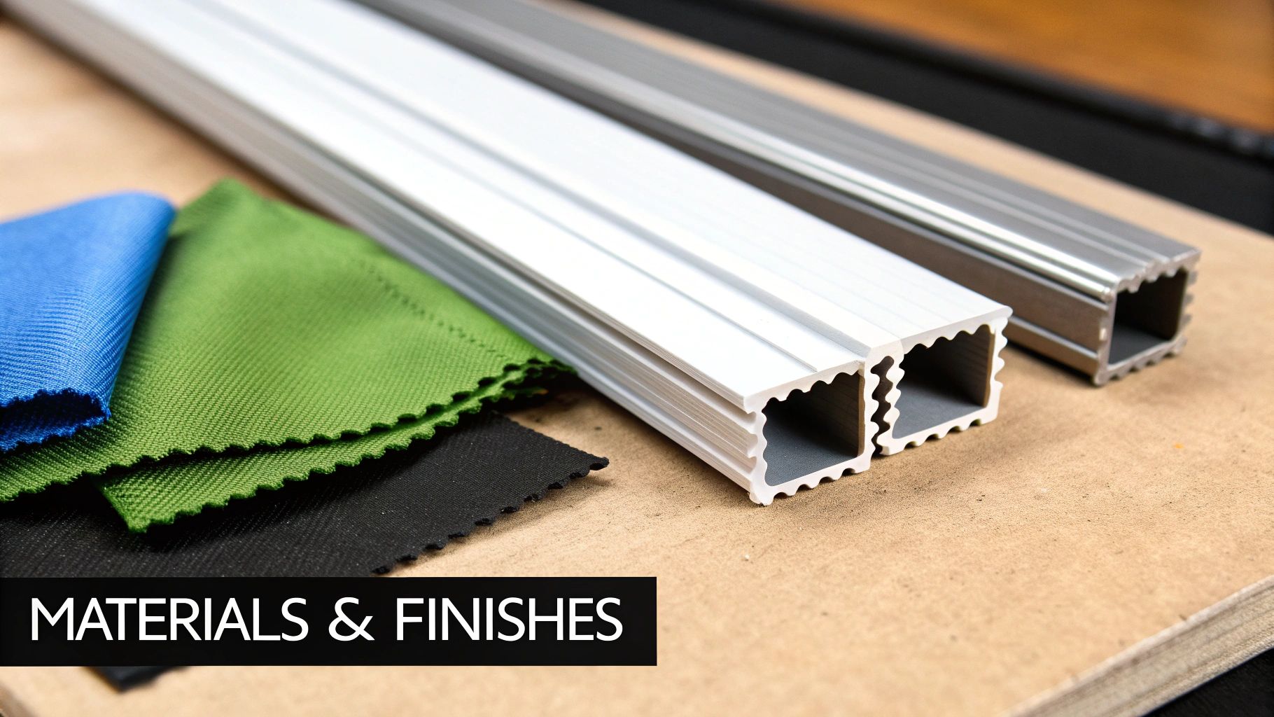 Aluminum curtain track profiles in white and grey, with blue, green, and black fabric samples showcasing materials and finishes.