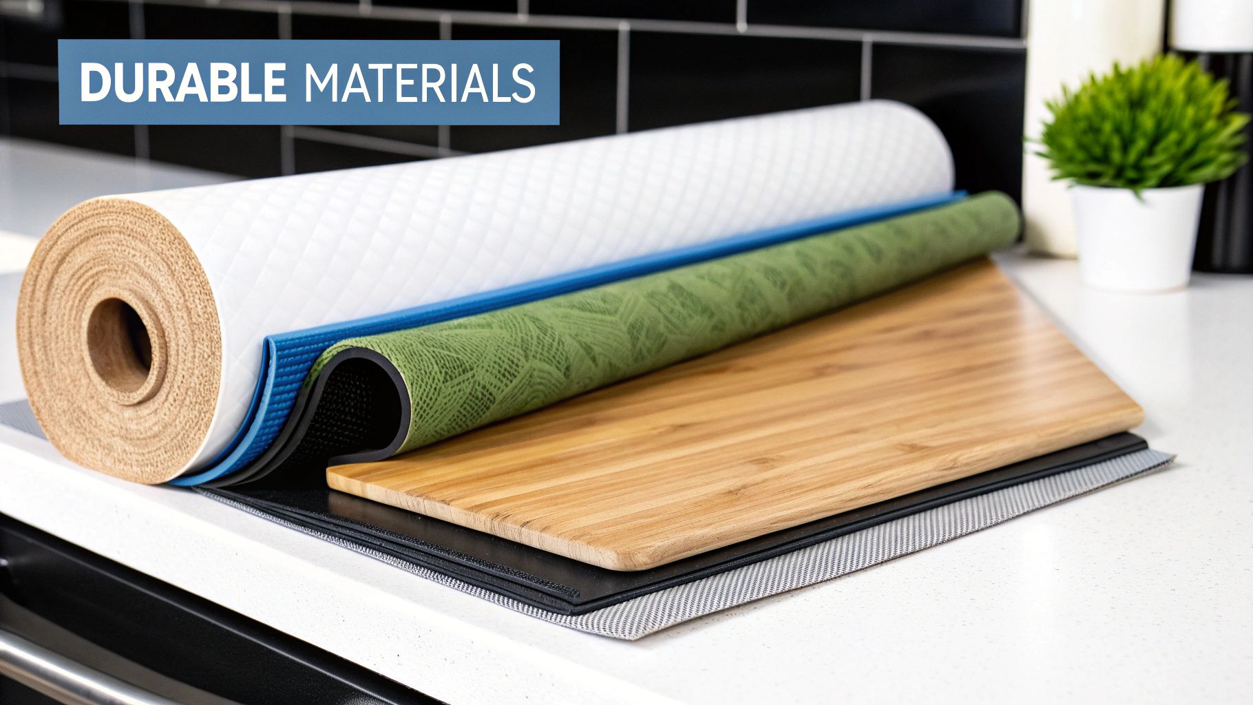 Various durable materials, including rolled mats and a bamboo cutting board, on a kitchen counter.