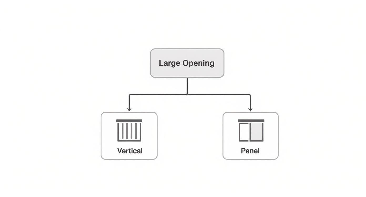Diagram illustrating two types of shades for large openings: vertical and panel.