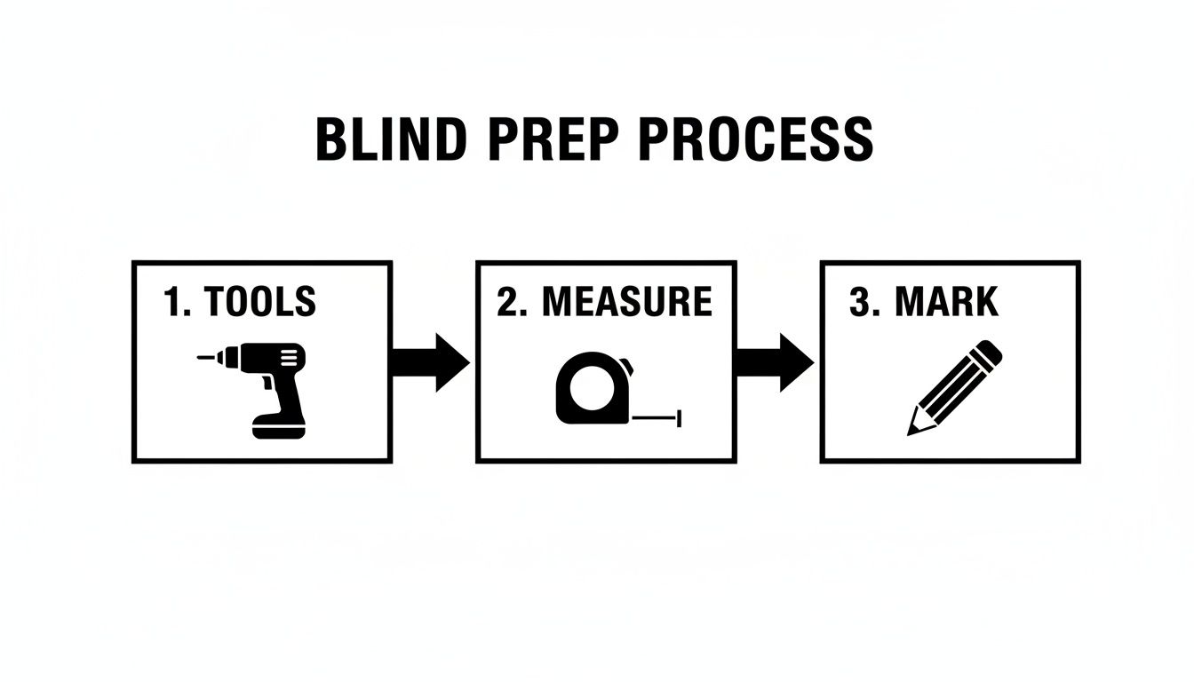 An infographic outlining the three-step blind prep process: 1. Tools (drill), 2. Measure (tape measure), 3. Mark (pencil).