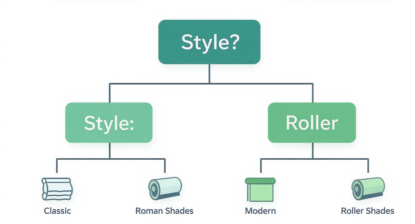 A flowchart comparing window covering styles, branching into classic, Roman shades, modern, and roller shades.