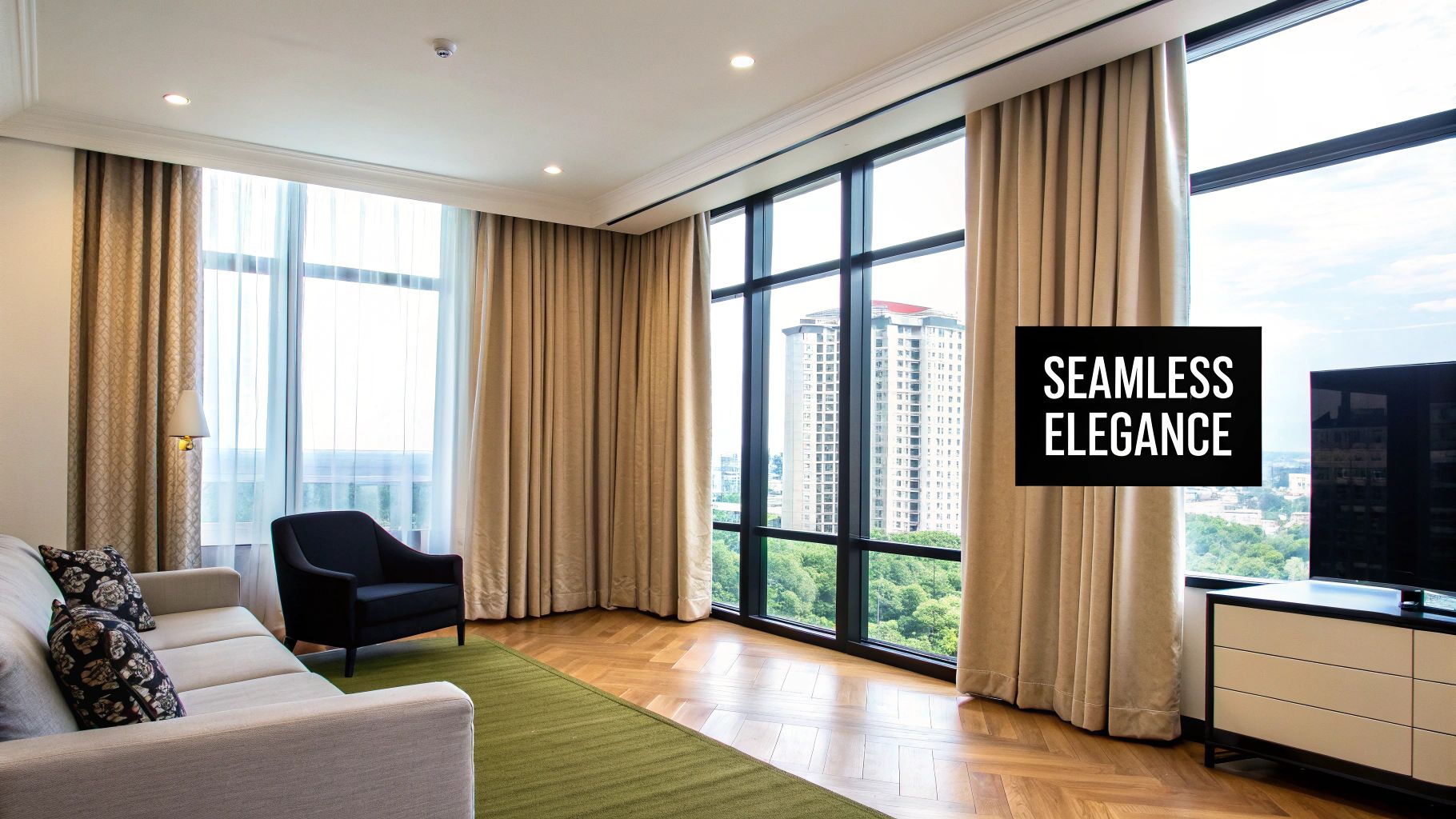 A modern living room with large windows, elegant ceiling track curtains, a comfortable sofa, and cityscape views.