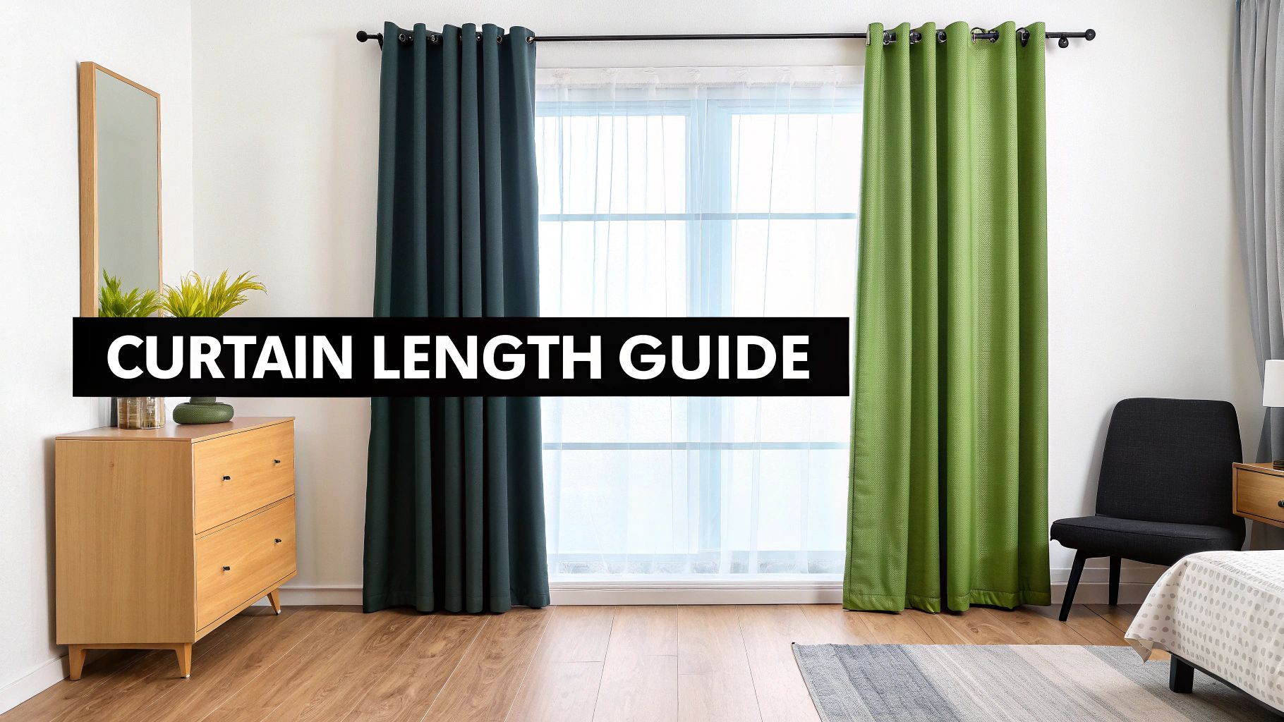 A bright room interior featuring a large window with teal and lime green curtains, overlayed with 'Curtain Length Guide'.