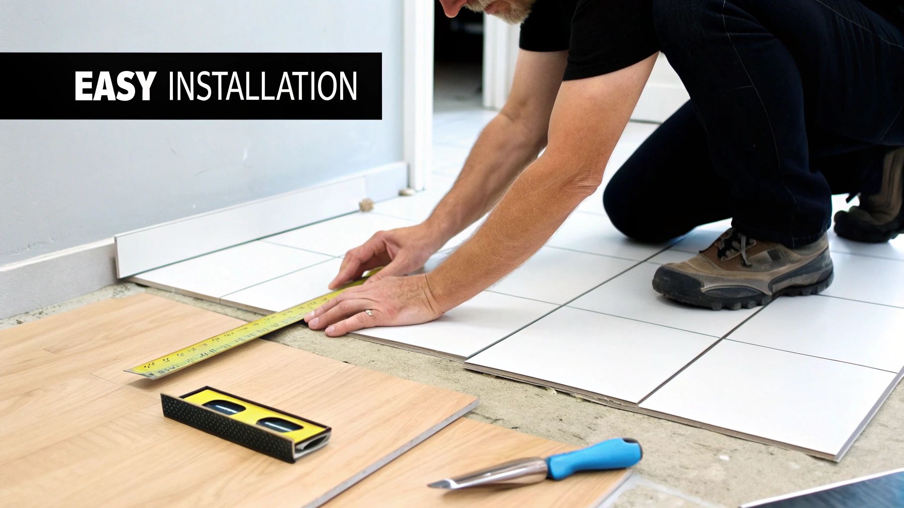 A person installs peel and stick flooring, measuring a plank with a ruler, highlighting easy installation.