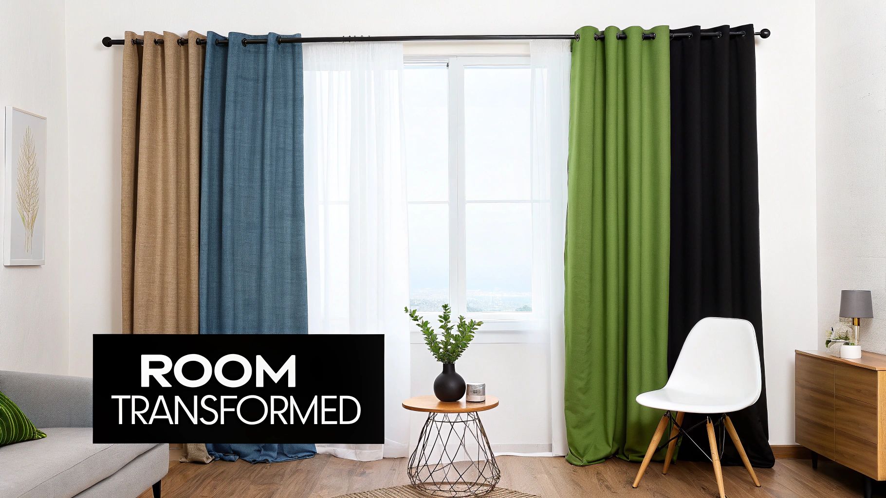 A room with a window showcasing various colored curtains: brown, blue, white, green, and black.