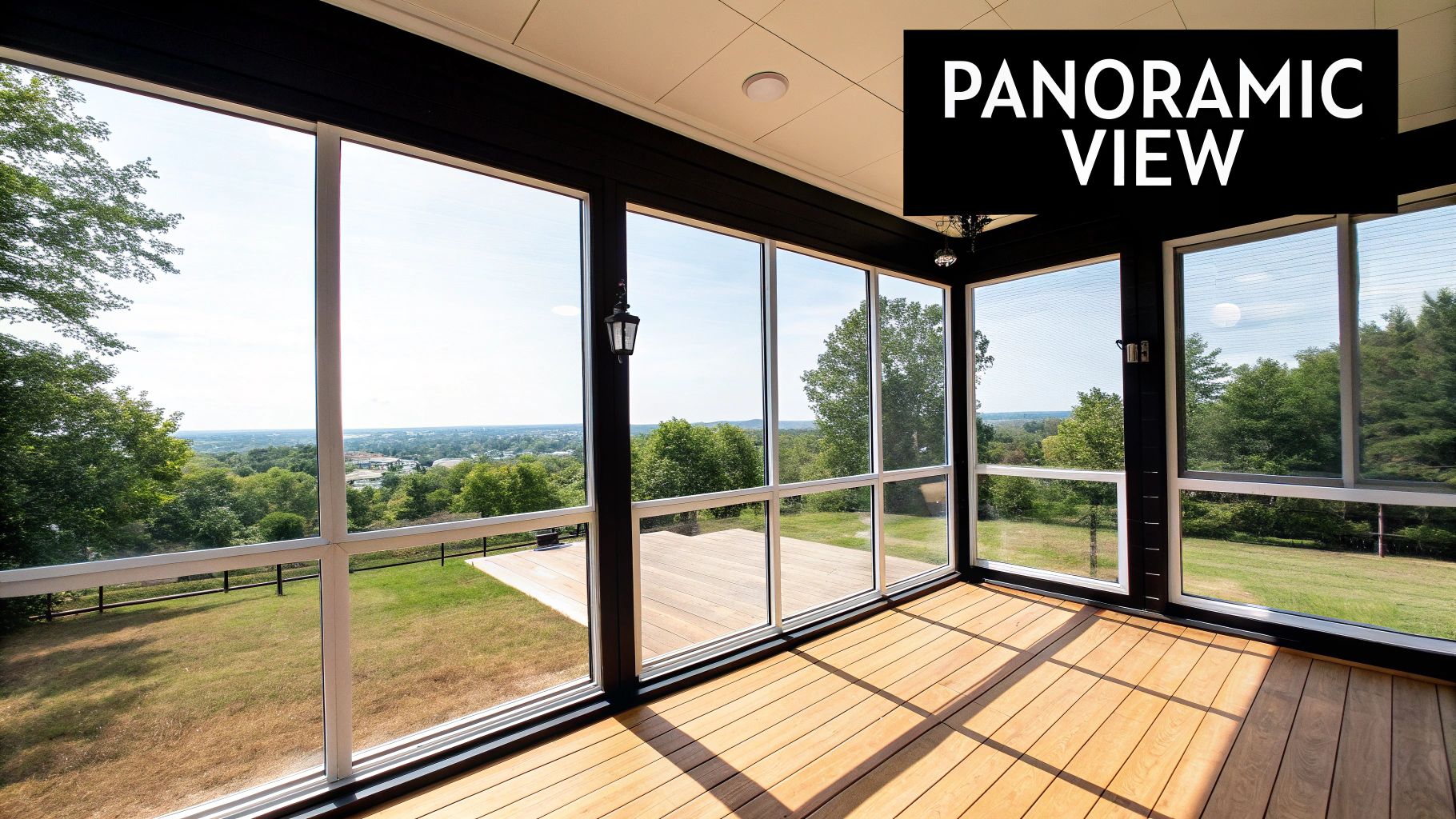 Sun porch with large corner wrap-around windows showing a panoramic view of a green landscape, trees, and distant town.