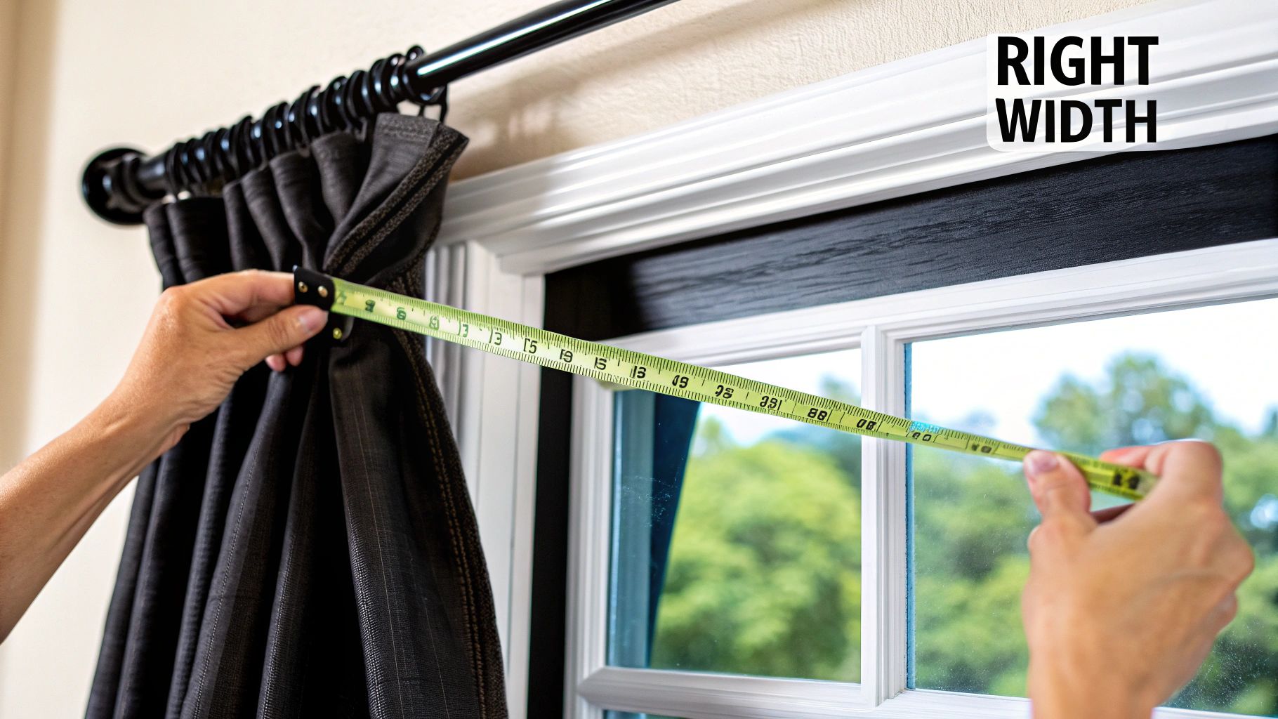 A tape measure is shown measuring the width of a window to determine the correct size for curtains.