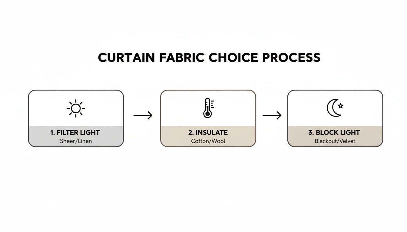Infographic detailing a 3-step curtain fabric choice process: filter light, insulate, and block light.