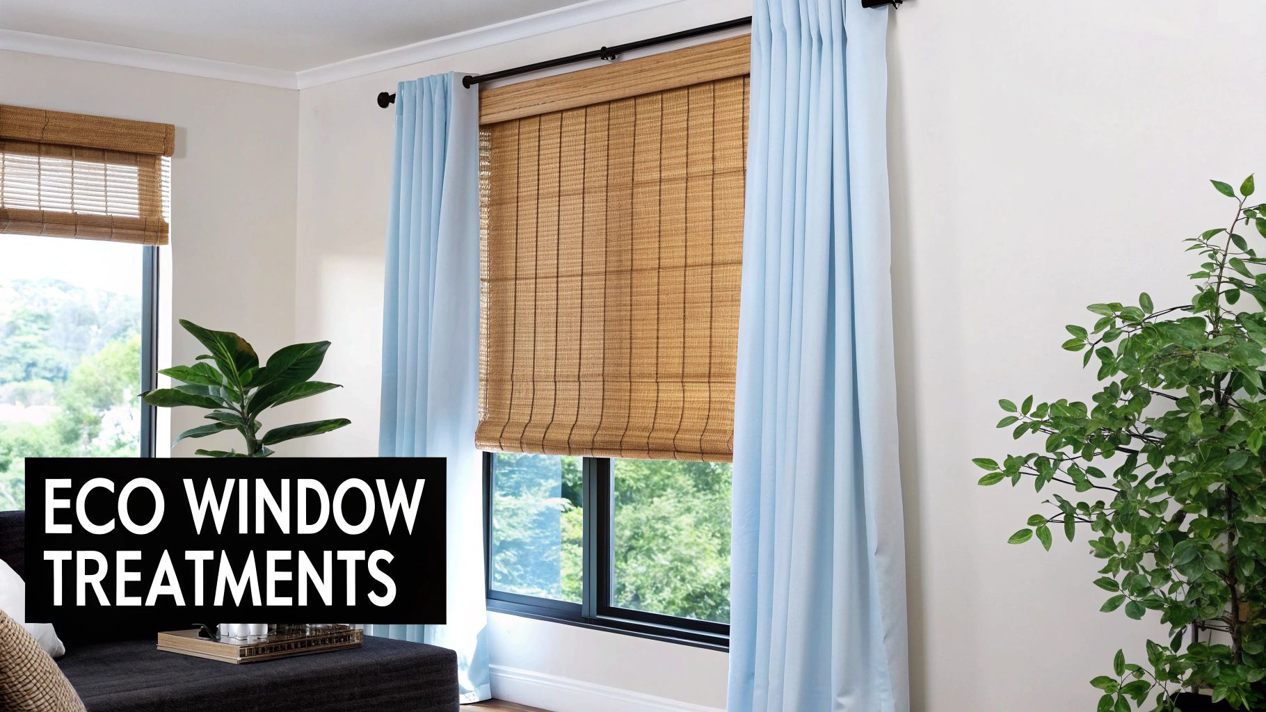 A bright living room with large windows covered by light-colored, natural-fiber eco friendly window treatments.