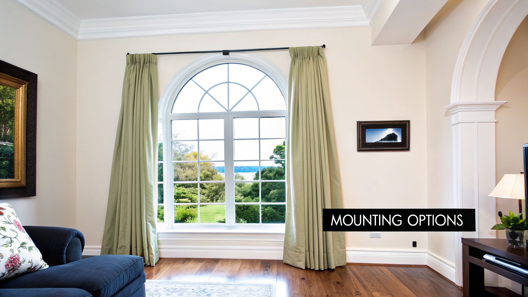 Elegant living room with a large half-moon arched window and light green curtains.