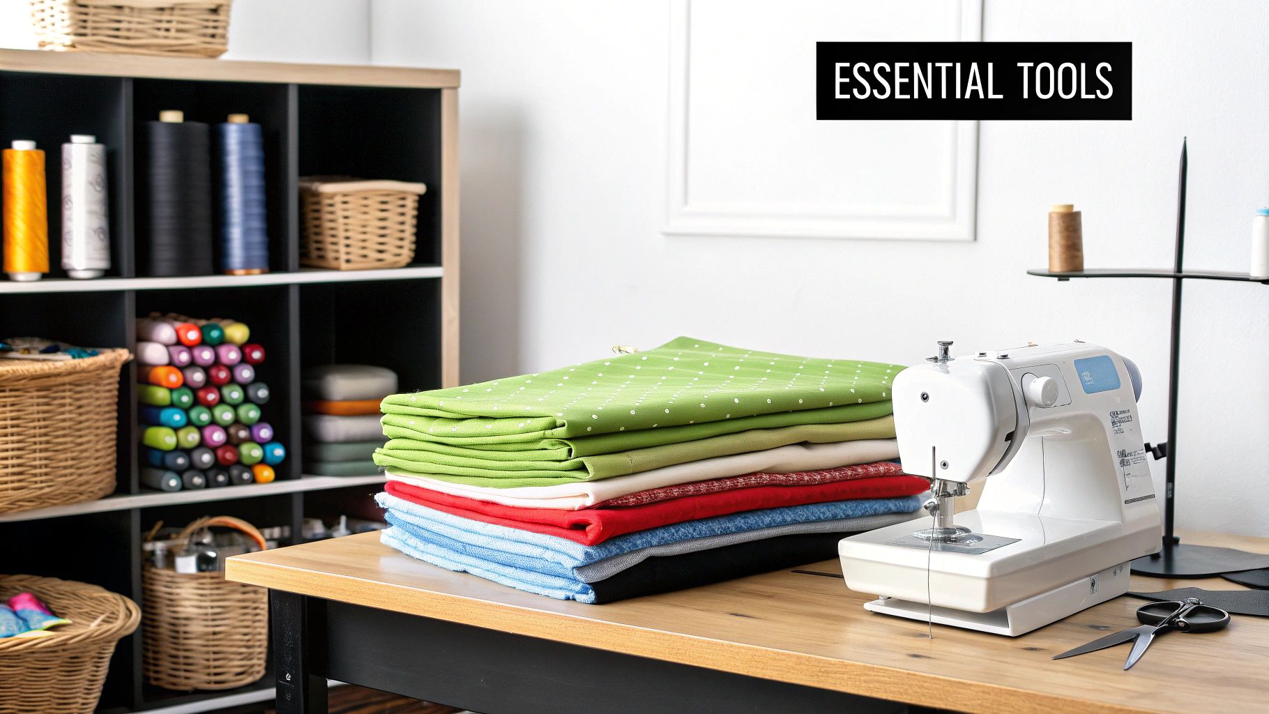 A sewing machine, colorful threads, and fabric laid out on a table, ready for a DIY curtain project.