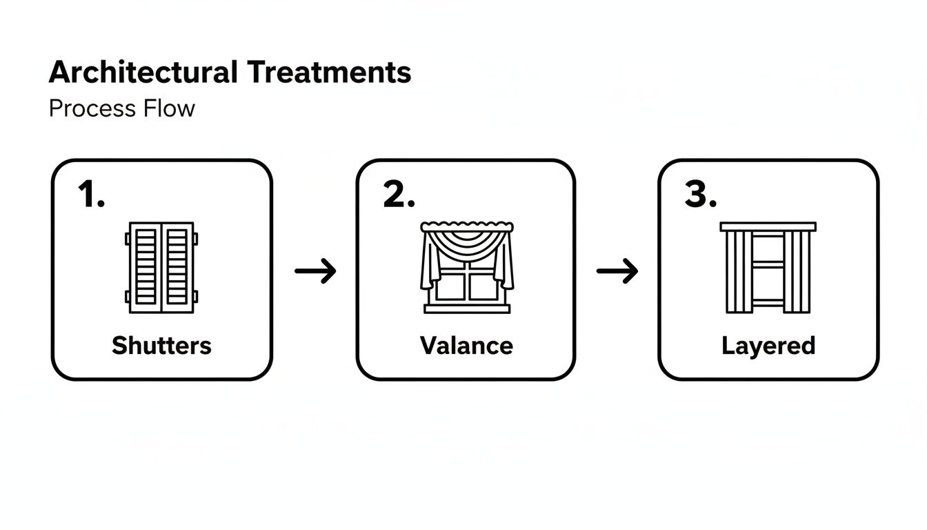 A process flow diagram illustrating three architectural window treatments: Shutters, Valance, and Layered styles.