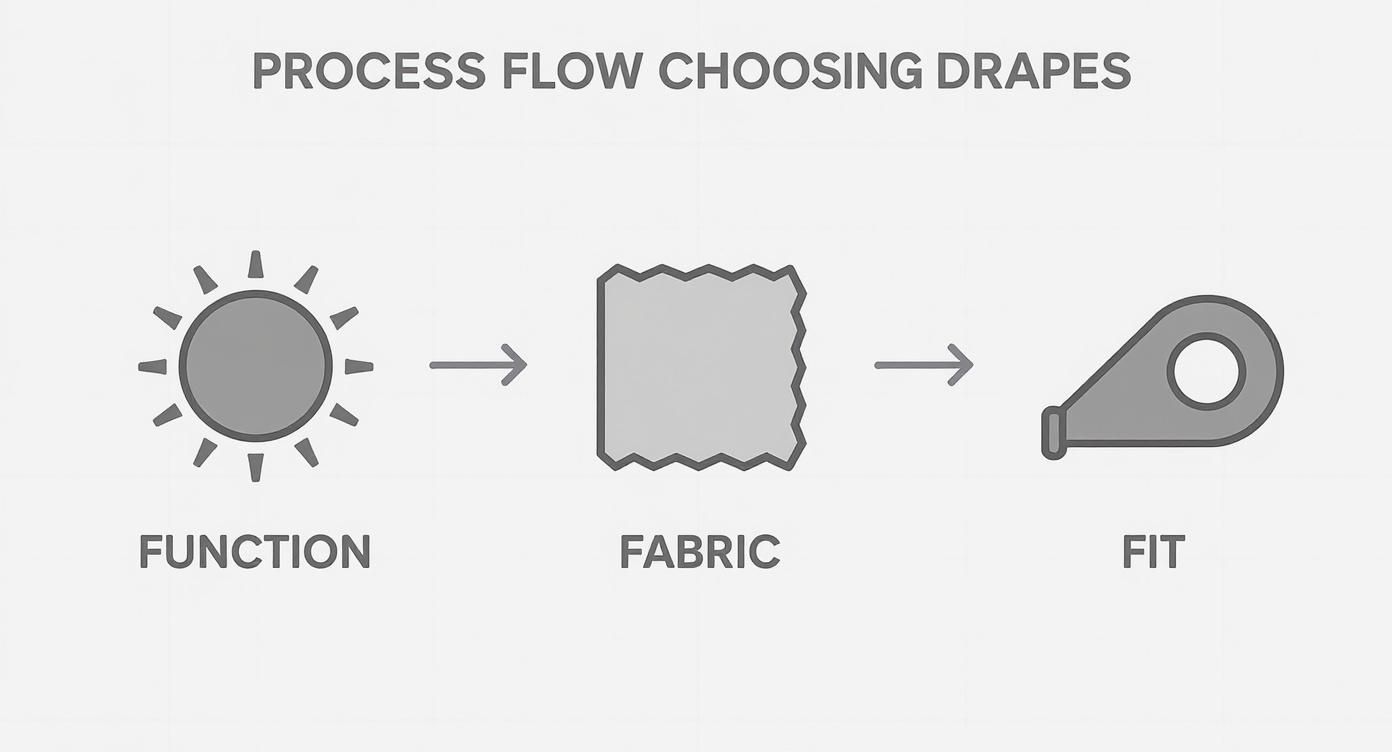 A process flow diagram illustrates choosing drapes, outlining steps: Function (sun icon), Fabric (cloth icon), and Fit (hardware icon).