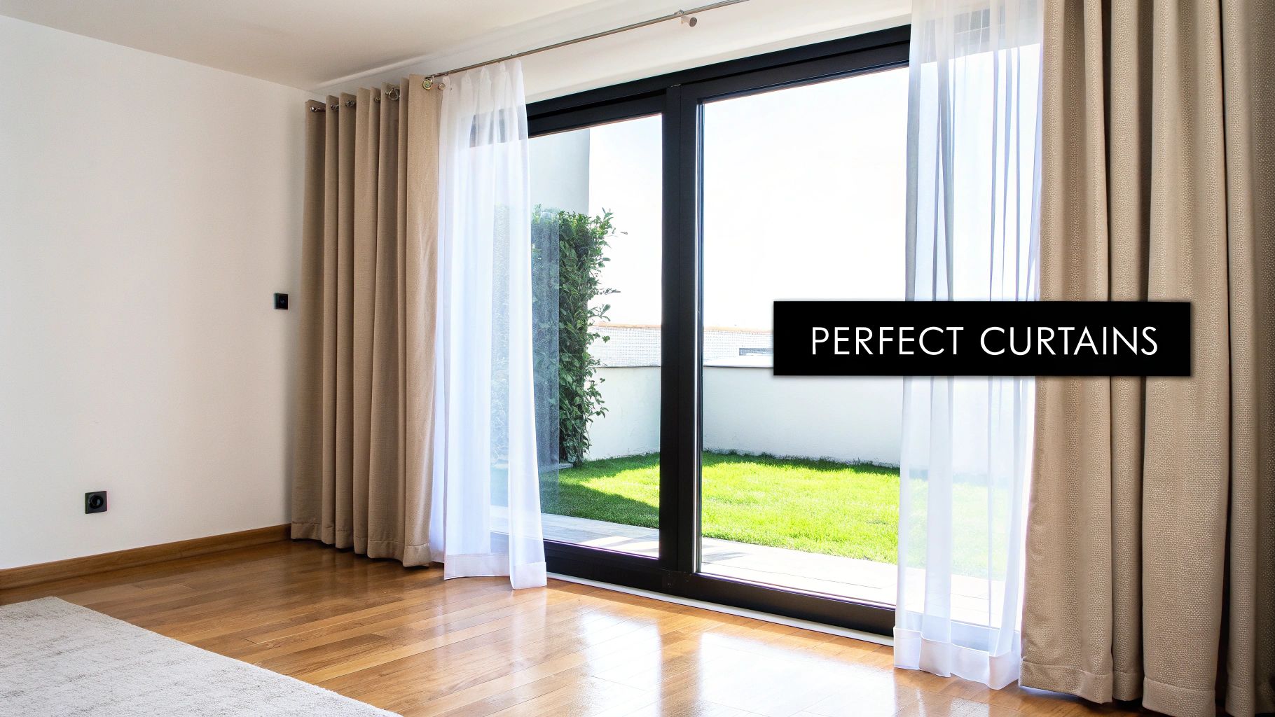A modern room features a sliding glass patio door with elegant beige and sheer white curtains.