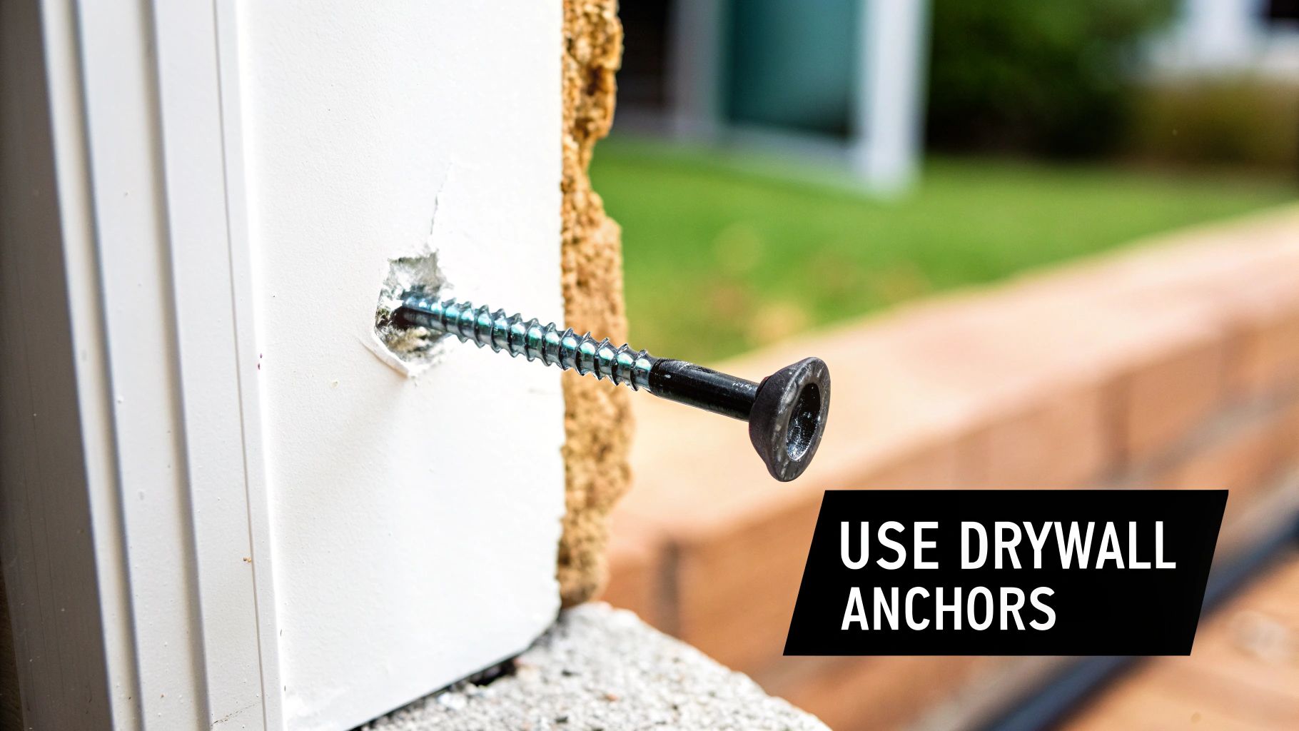 Drywall screw being inserted into white wall with exposed particle board showing proper anchor placement