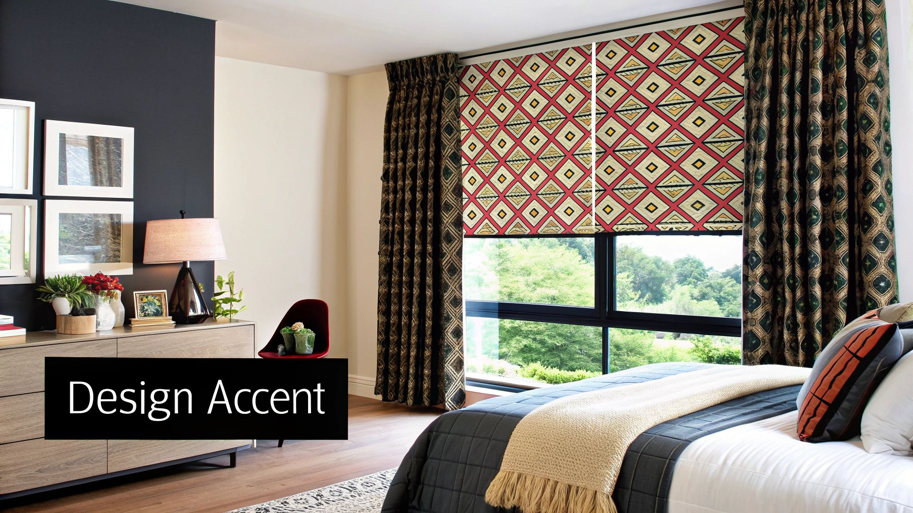 A bold, patterned roller shade on a large window acting as a focal point in a stylish living room.